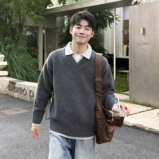 灰色假两件毛衣男生羊毛翻领秋冬季加厚内搭高级感慵懒针织衫新款