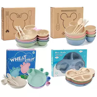 Baby baby eating bowl and spoon set Children's wheat cartoon bowl non-food cute anti-fall children's tableware non-slip bowl