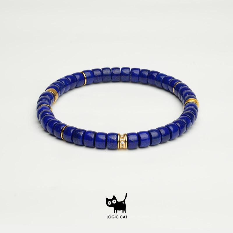 Logic Cat Afghan 7A Natural Lapis Lazuli with 925 Sterling Silver Gold-Plated 6mm Straight-Cut Round Men's and Women's Bracelet