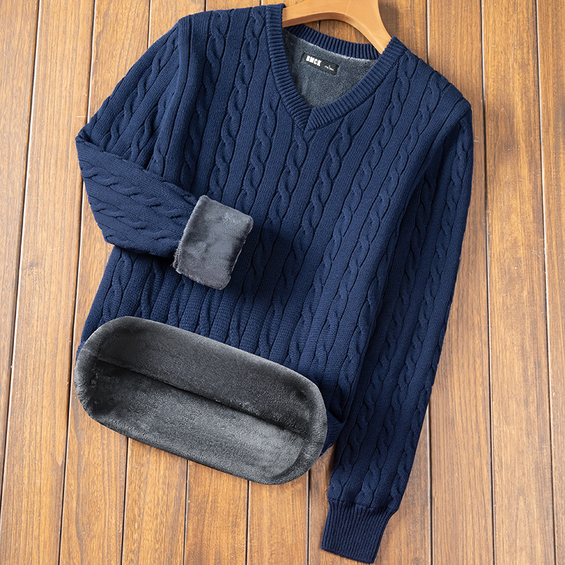 Rmck Winter Fleece-Lined Thick Sweater for Men, V-Neck Long-Sleeve Warm Knit Men's Base Shirt, Thick Cable Knit Sweater