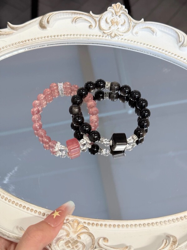 Natural Obsidian Strawberry Crystal Couple Bracelets, Unisex Style, Good Luck Silver Obsidian Collection, Xilo