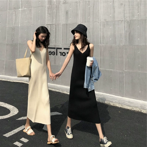 Демисезонное длинное шерстяное платье, трикотажная майка, средней длины