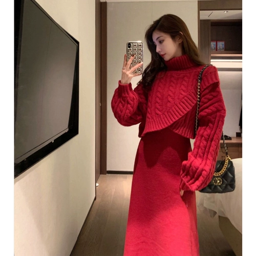 Длинное шерстяное платье, комплект, юбка, красное трикотажное платье, длина миди