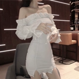 Дизайнерская сексуальная юбка, белое сексуальное платье, изысканный стиль, в обтяжку, с акцентом на бедрах, открытые плечи