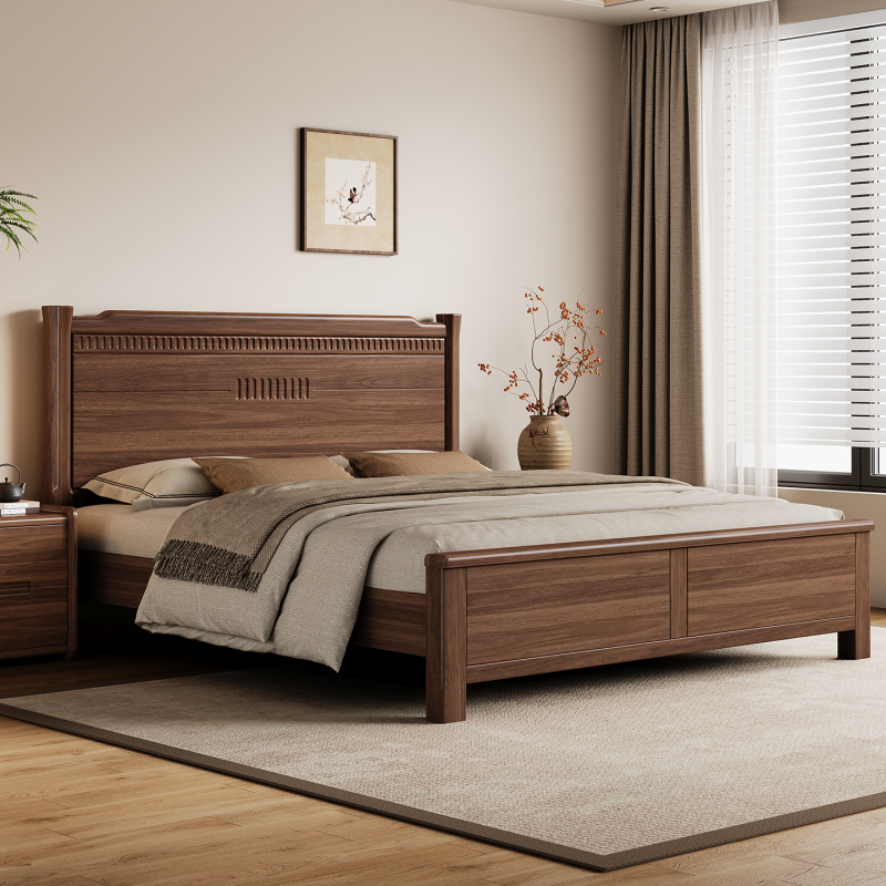 Song's Aesthetics Black Walnut Solid Wood Bed Frame 1.8m New Model for Bedroom Home Use Simple 1.5m Double Bed Natural Wood Furniture