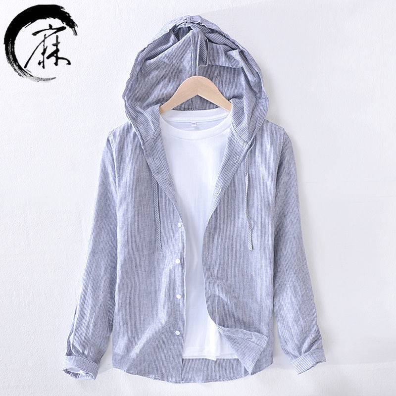 Spring and Autumn Men's Cotton and Linen Long-Sleeved Shirt, Japanese Style Artistic Linen Top, Thin Hooded Striped Shirt Jacket
