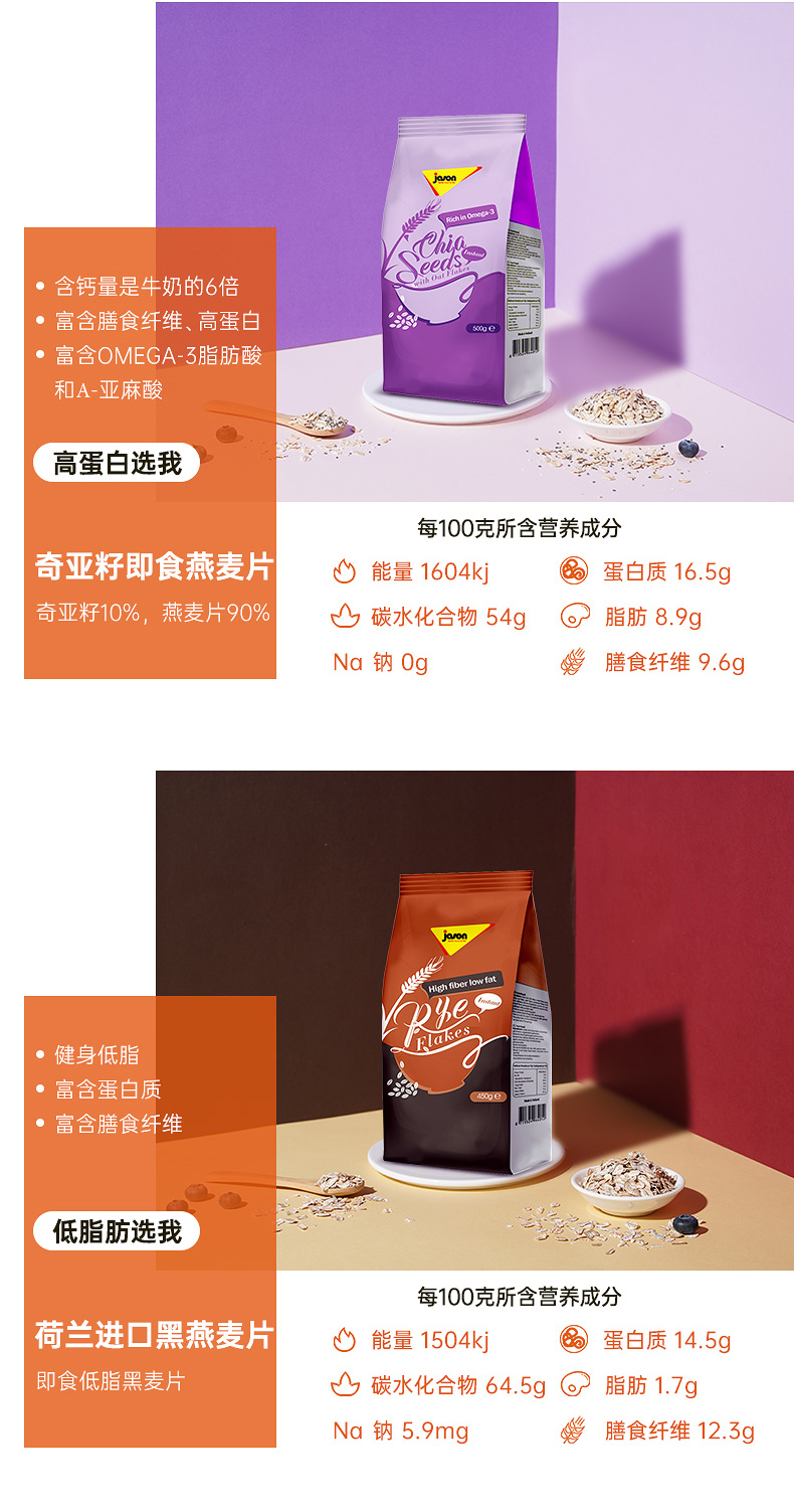 荷兰进口 捷森 多口味高纤代餐麦片 健身粗粮 500g 图2