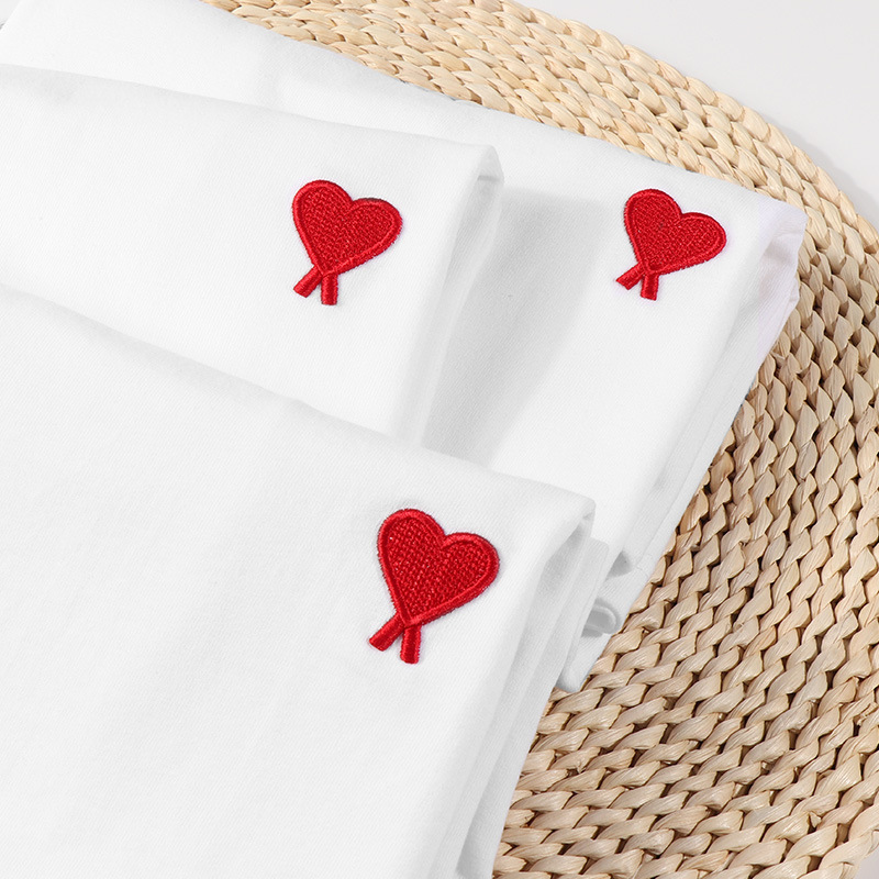 Heart Embroidery Couple Print Short-Sleeve T-Shirt, Pure Cotton, White, Round Neck, Loose Fit, Niche Top, Unisex