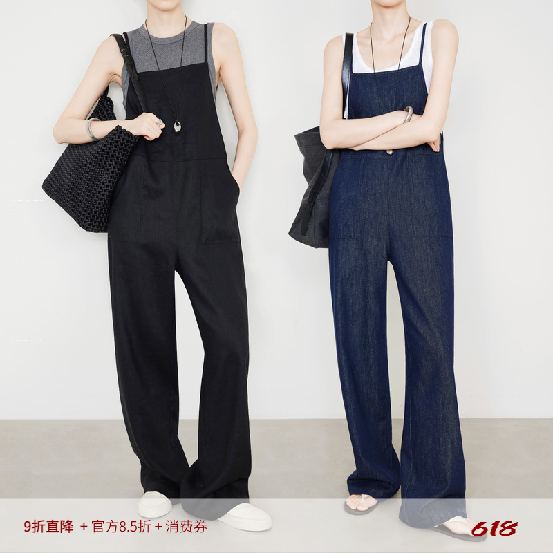 サマーモカブラックオーバーオールレディース2025新作薄手ゆったりレイジースタイルリネンジャンプスーツストレートパンツ6804