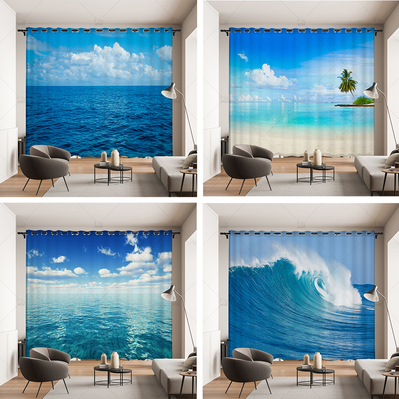 Sea Blue Sky and White Clouds Seawater Curtains Sun Room Lake Water Lake Fortune Source Rolling Feng Shui Living Room Floor Partition Curtain