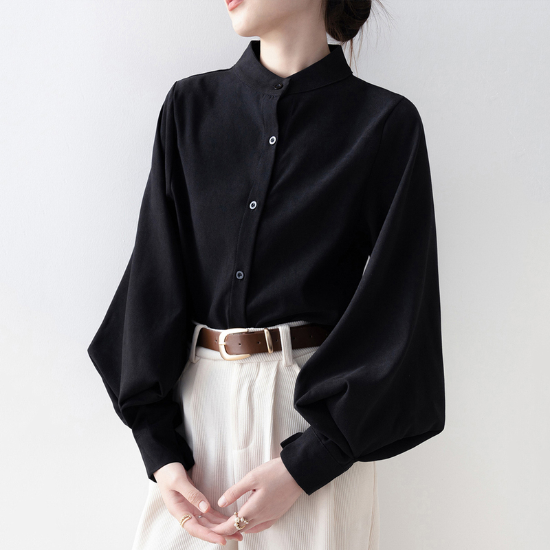 Black Shirt for Women, Autumn and Winter Vintage Style, Brushed Long-Sleeve Shirt with Unique Design, Niche Lantern Sleeves, Stand-Up Collar Top