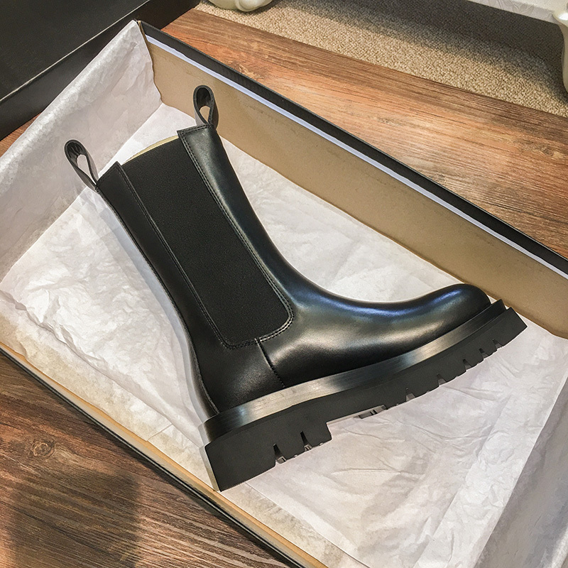 Genuine Leather Height-Increasing Martin Boots for Women, Autumn and Winter, Fleece-Lined, British Style Mid-Calf Boots, Thick-Soled Chimney Boots, Chelsea Short Boots