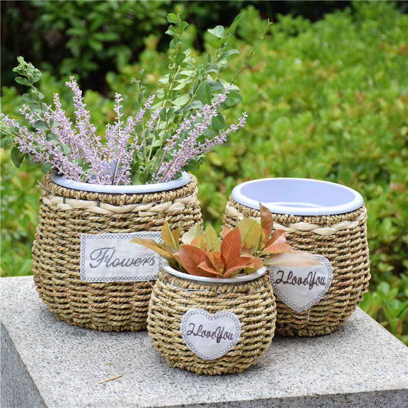 Pastoral straw Wicker Wicker rattan flower basket creative hand woven flower arrangement fleshy green plant wall hanging flower pot vase