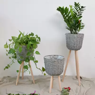 Nordic grass woven floor flower basket creative rattan woven wooden flower basket shelf Golden ge flower arrangement woven flower pot living room decoration