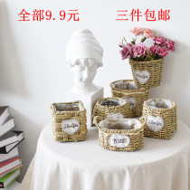 Pastoral grass woven rattan woven willow woven small flower basket creative woven fleshy flower arrangement green dill flower pot Home decoration ornaments