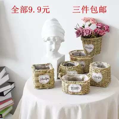 Pastoral grass woven rattan woven willow woven small flower basket creative woven fleshy flower arrangement Golden ge flower pot Home decoration ornaments