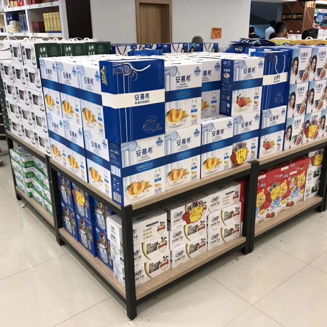Supermarket milk shelf shelf display rack Promotion table Steel wood display rack Float special table Imported food store rack