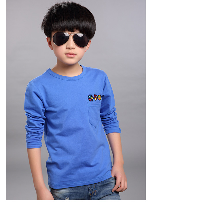 Quần áo nam 10 trẻ em 9 cậu bé mặc cộng với quần áo nhung Cậu bé 8-15 tuổi quần áo mùa thu trong áo trẻ em Áo thun dài tay màu xanh áo ba lỗ bé gái 