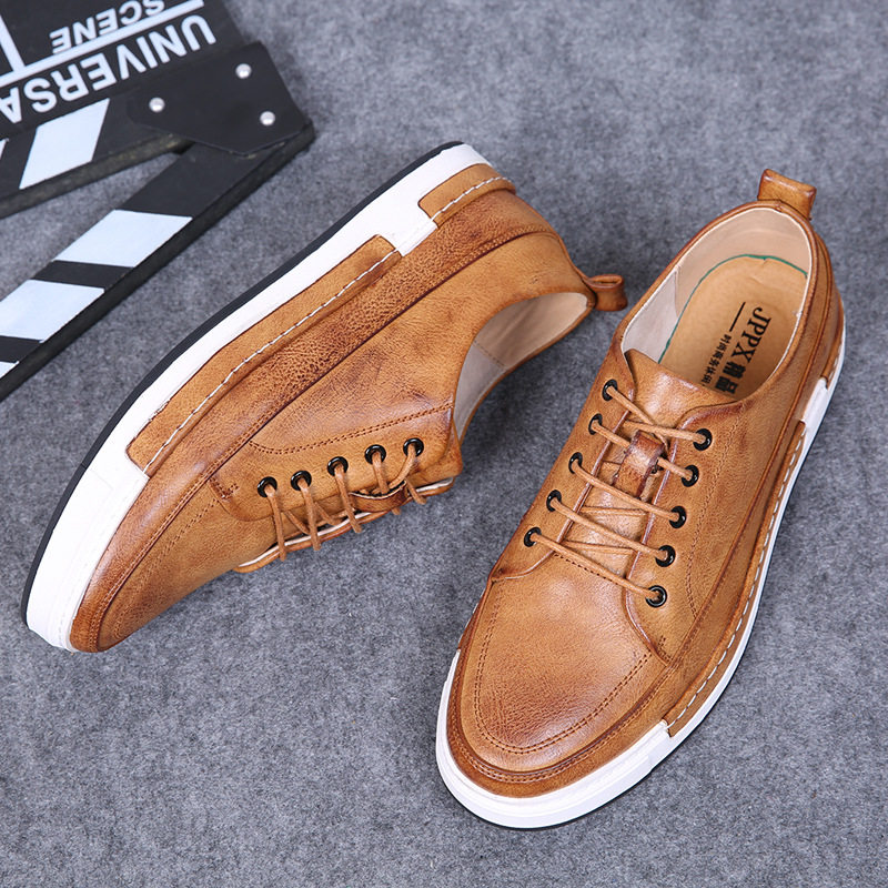 2021 trendy men's winter leather shoes breathable fashion tooling shoes British leather stitched sneakers casual lace-up shoes