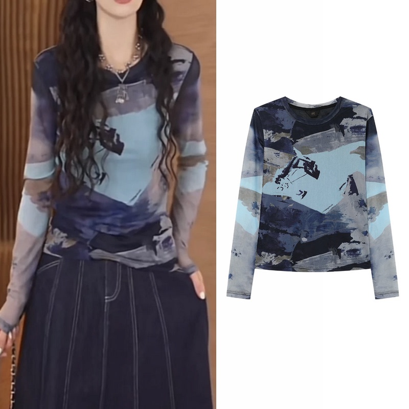 Ink Print Slim-Fit Mesh Base Shirt for Women, New Autumn Tie-Dye Breathable Slimming Long-Sleeve T-Shirt, Thin Top