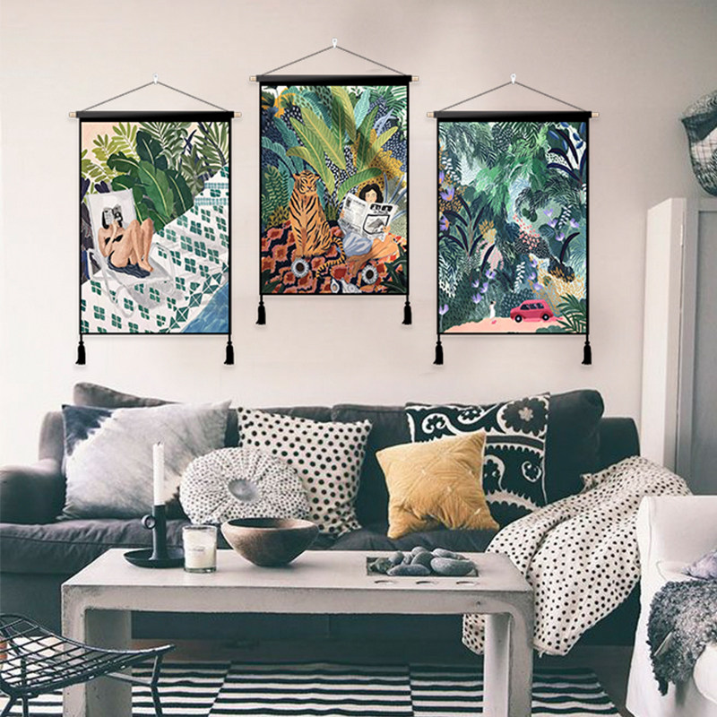 Illustrations Ins hanging cloth painting Mind living room sofa Decorative Cloth Painting Background Wall Nordic Fresco Hanging Painting Fabric