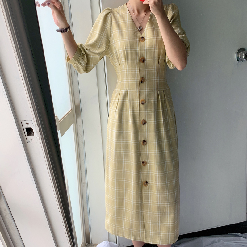 Thung lũng bí ngô với cùng một chiếc váy nữ dài xuân 2019 mới cho phụ nữ retro tay áo bong bóng - Váy eo cao đầm xoắn eo