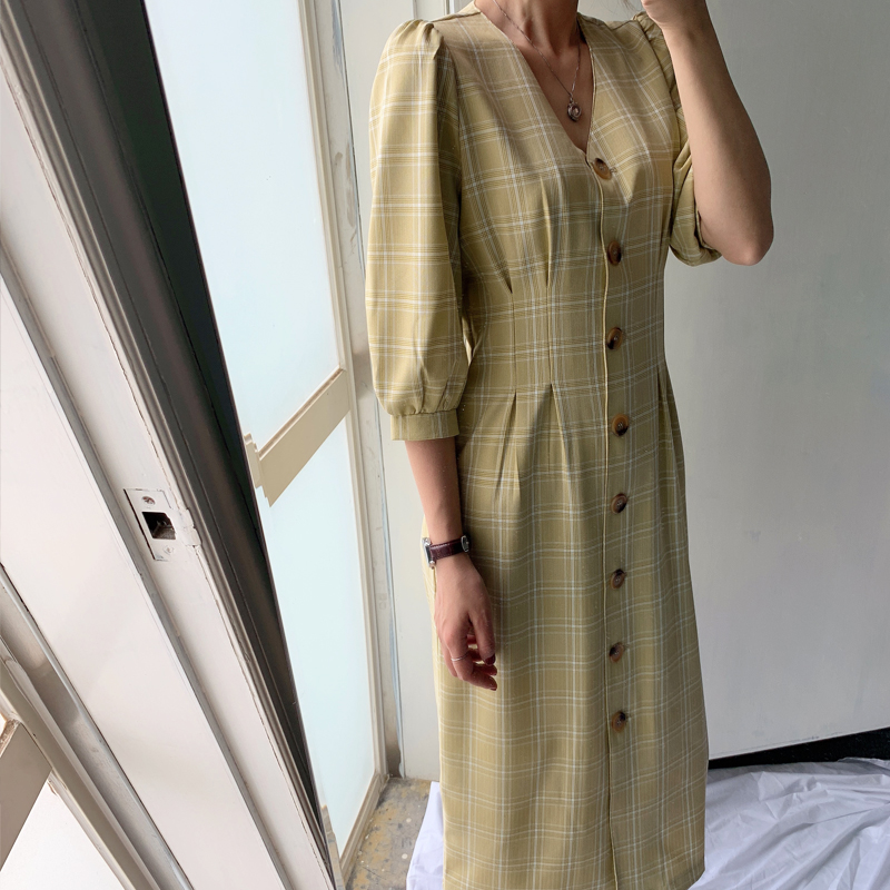 Thung lũng bí ngô với cùng một chiếc váy nữ dài xuân 2019 mới cho phụ nữ retro tay áo bong bóng - Váy eo cao đầm xoắn eo