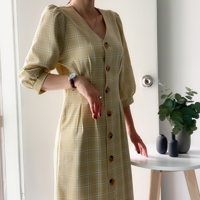 Thung lũng bí ngô với cùng một chiếc váy nữ dài xuân 2019 mới cho phụ nữ retro tay áo bong bóng - Váy eo cao đầm xoắn eo