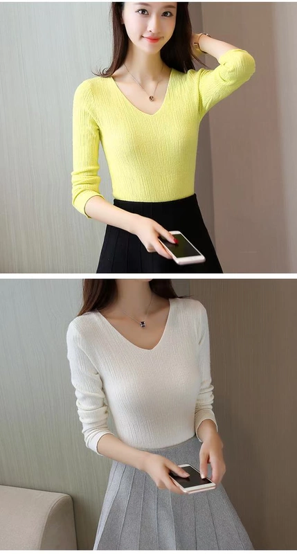 Mùa thu 2018 mới của phụ nữ áo dài tay cổ chữ V chạm đáy ngắn áo len nữ mùa xuân và mùa thu Áo len mỏng mỏng áo len nữ cổ tim tay dài