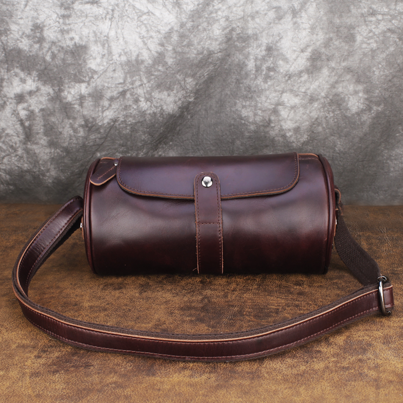 Leather cylinder messenger bag men's shoulder bag top layer leather multi-function small backpack retro men's bag chest bag satchel tide