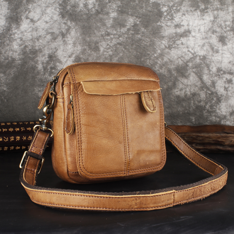 Headlayer cow leather men's single shoulder bag small satchel large capacity wearing leather strap mobile phone pocket leather small scapular satchel bag