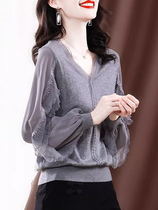 GENTLE GRASS Italy longue sleeve splicing aiguille cardiovert lotus leaf side reduced-age temperament sleeve tête V collier blouse