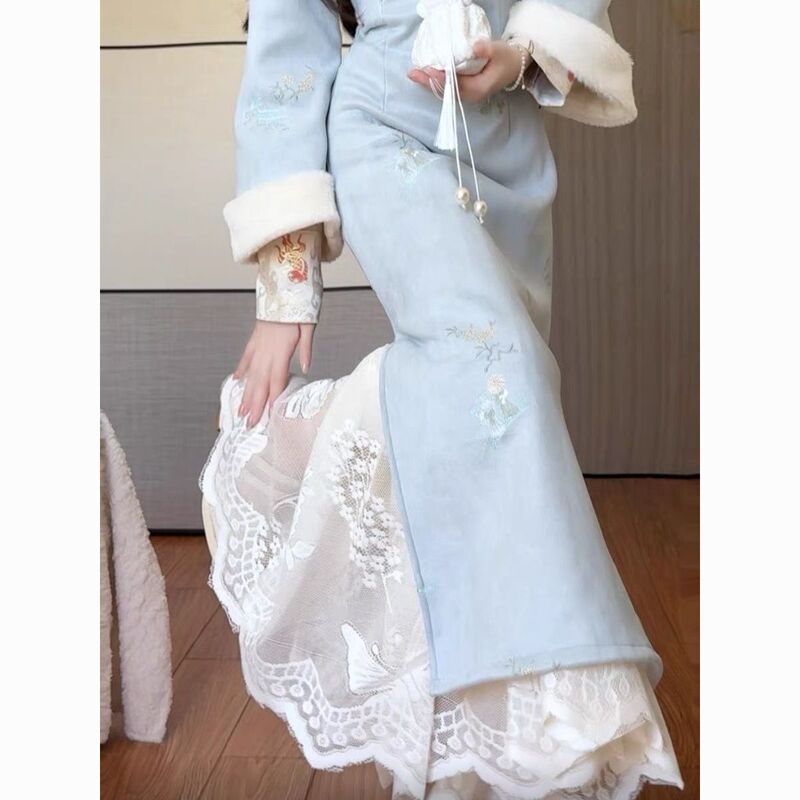 Cheongsam Paired with a Petticoat, Special Lining for Layering, Lace Mesh Half Skirt, Mid-Length, Large Hem, Layered Vintage Style