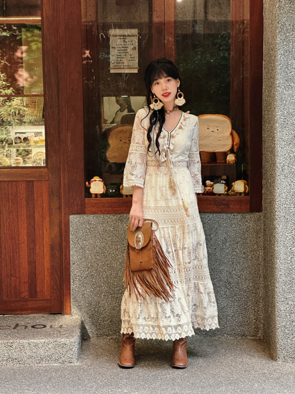 Bohemian Bell-Sleeve Long-Sleeve Lace Tassel Tie V-Neck Hollow Long Dress Fairy Travel Vacation Style Dress
