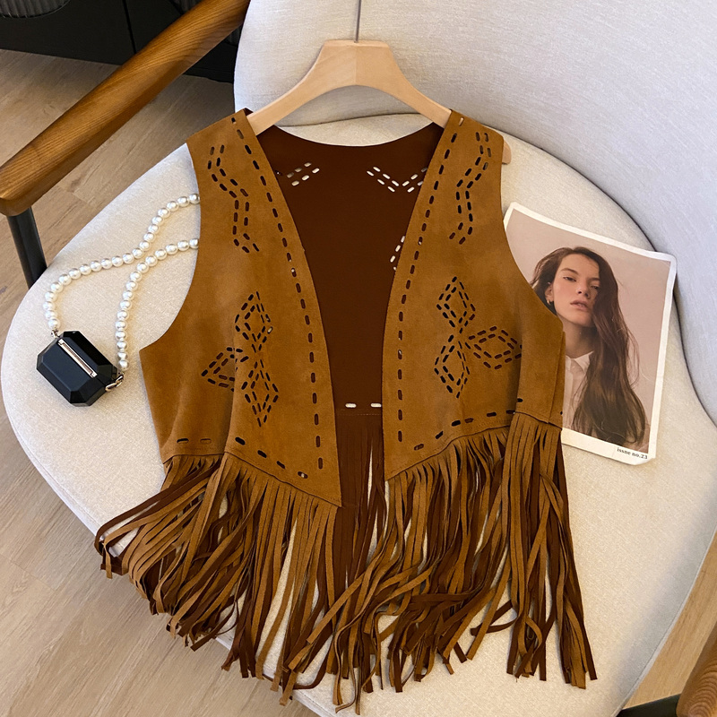 Bohemian Style Suede Hollow-Out Western Denim Vest for Women with Tassels and Cardigan Jacket