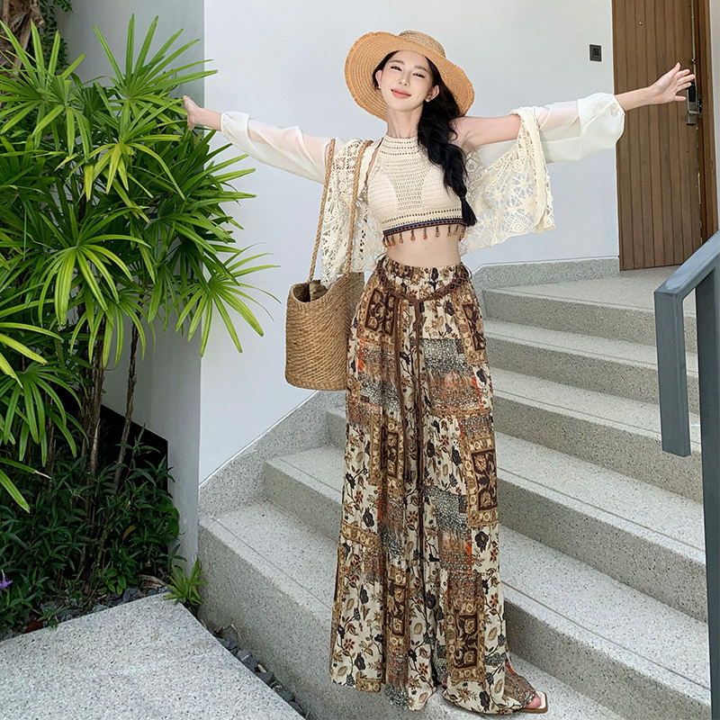 Bohemian Ethnic Style Retro Print High-Waisted Wide-Leg Pants Flared Pants Yunnan Thailand Travel Floor-Length Pants Tank Top