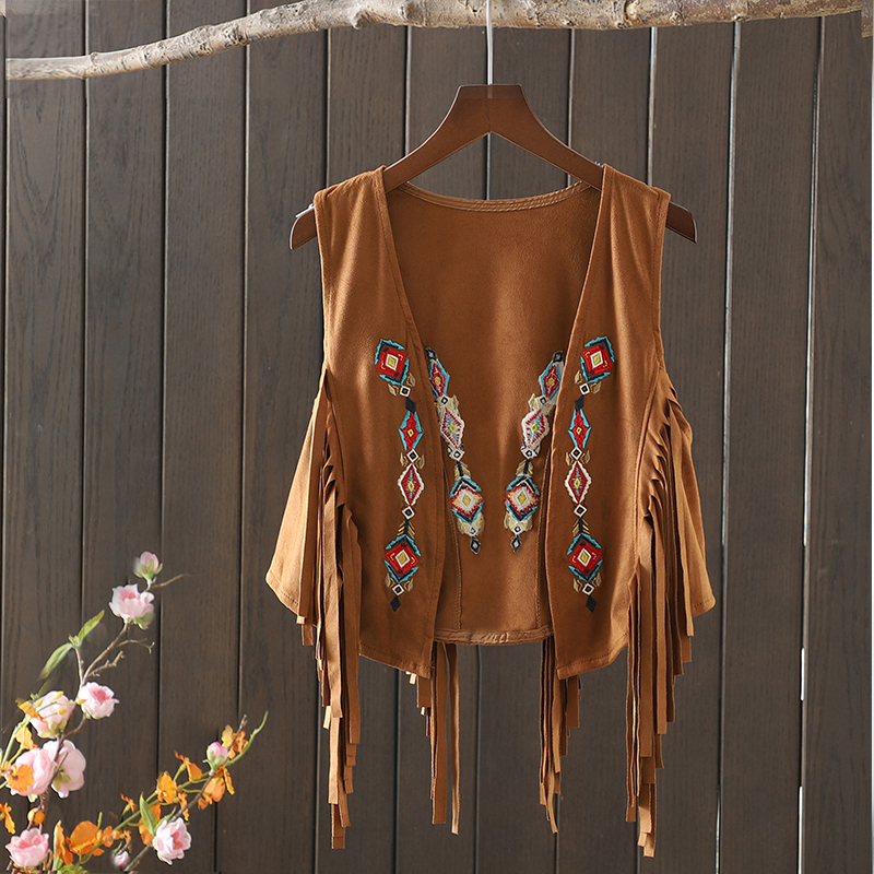 Northwestern Suede Ethnic Style Vest with Embroidery, Layered Outerwear, Short Jacket, Tassel Vest, Vintage Vest