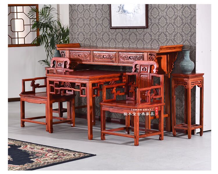 Ming và Qing đồ cổ bằng gỗ rắn South Elm ba cái bàn và ghế bốn bộ Zhongtang cho chùa Phật Đài Loan Shentai - Bàn / Bàn 	bàn làm việc gỗ cổ điển	