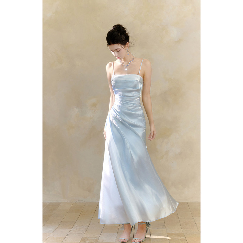 Blue Evening Dress for Women, French Style, High-End, Light Luxury, Niche, Stunning, Birthday Party Host, Engagement Dress, Strapless Blue Evening Dress for Women, French Style, High-End, Light Luxury, Niche, Stunning, Birthday Party Host, Engagement Dress, Strapless