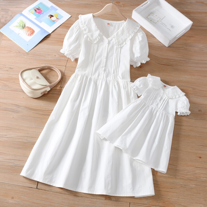 Parent-Child Gentle Style White Dress for Women, Summer 2025 New Model, Doll Collar, Mature Temperament, Short-Sleeved Slip Dress