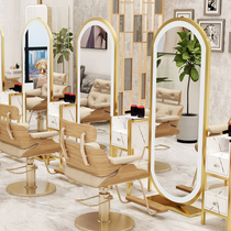 Hairdressing mirror Trendy hair salon hair cutting mirror wall-mounted barber mirror table cabinet one-piece simple LED floor mirror with light
