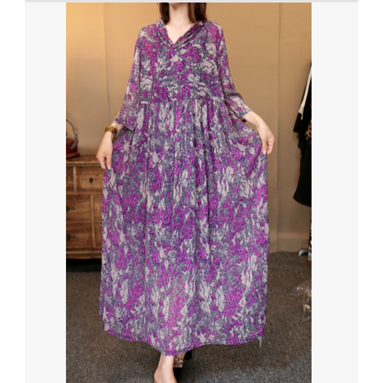 215-Ziyun Huaying Purple Hooded Loose-Fitting Dress That Covers the Body and Makes You Look Slimmer, New Chinese Style Long Dress