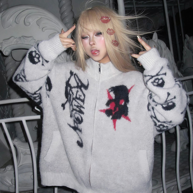 【Cp Creation】 "Bassist" Light Retro Rock Skull Jacquard Cardigan Sweater Unisex Autumn/Winter Top