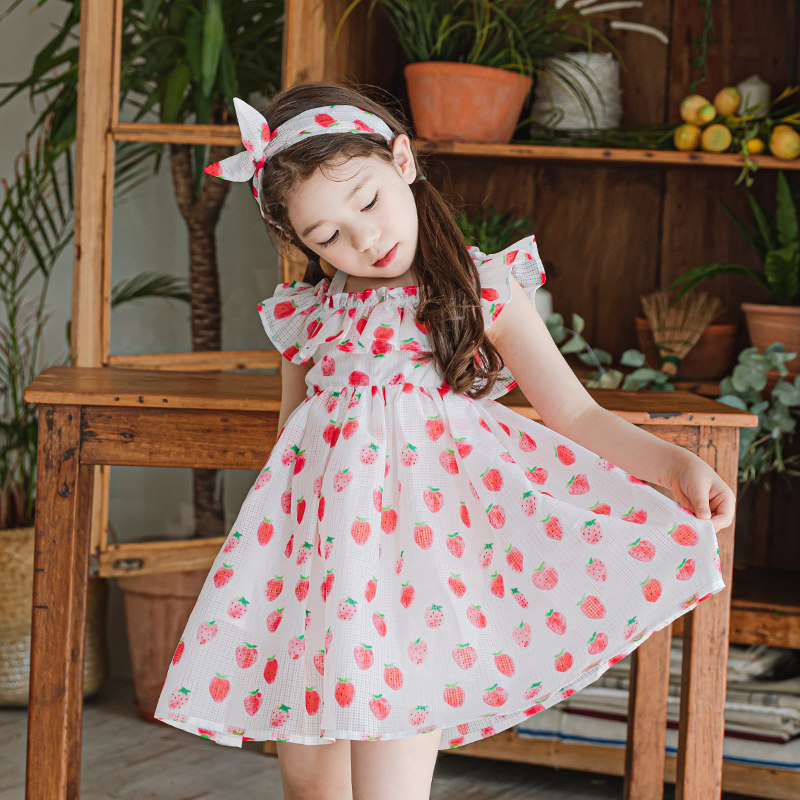 Boat Rat Girl Snowspinning Ocean Dress Charming Thin Printed Strawberry Dew Shoulder Female Baby Polo Skirt Children Princess Dress