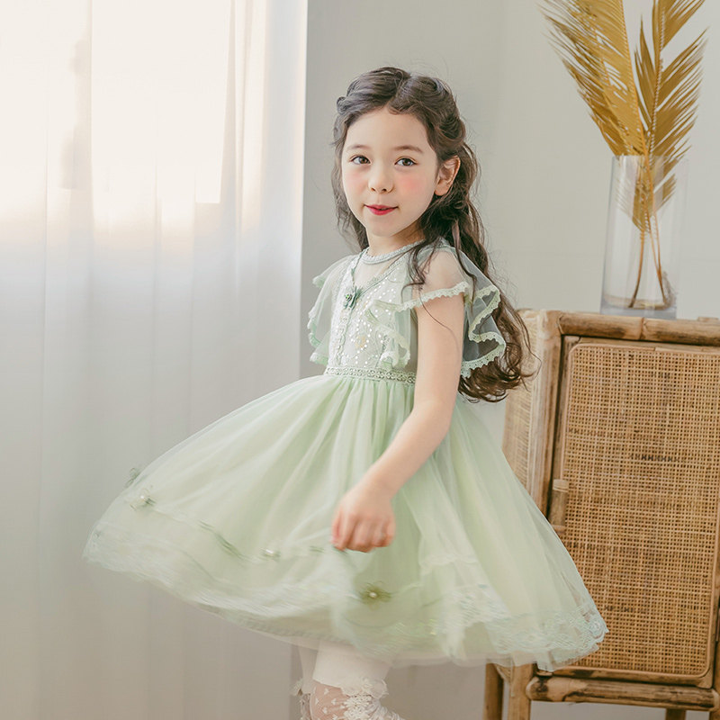 Boat Rat Girl Lace Dress Foreign Pie Woman Baby Summer Dress 2021 New Light Green Yarn Skirt Child Princess Dress