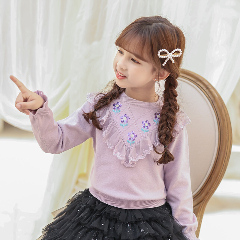 Boat rat girl sweater jacket head round lead flower lace with tightness and long sleeves clothes female baby needle weasel blouse spring and autumn