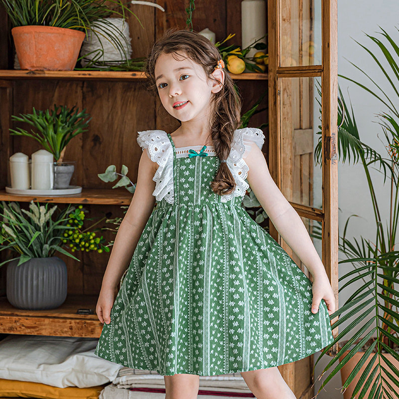Boat rat girl's hanging band dress for children Summer clothing thin square collar pure cotton Korean version Crushed Flowers Foreign Dress Women's Baby Skirt