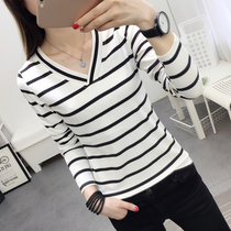 Interior striped cotton T-shirt women long sleeve base shirt autumn clothes 2021 New Korean autumn clothes women wear V neck coat