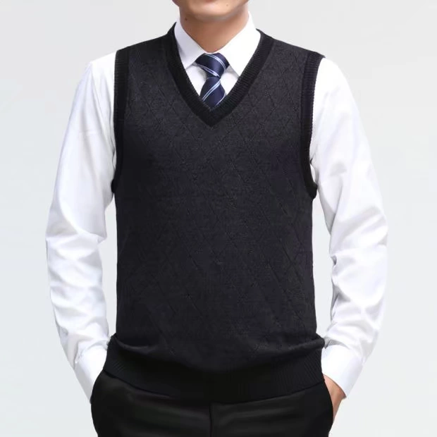 Mùa thu trung niên áo len len nam cổ chữ V đan áo vest cỡ lớn