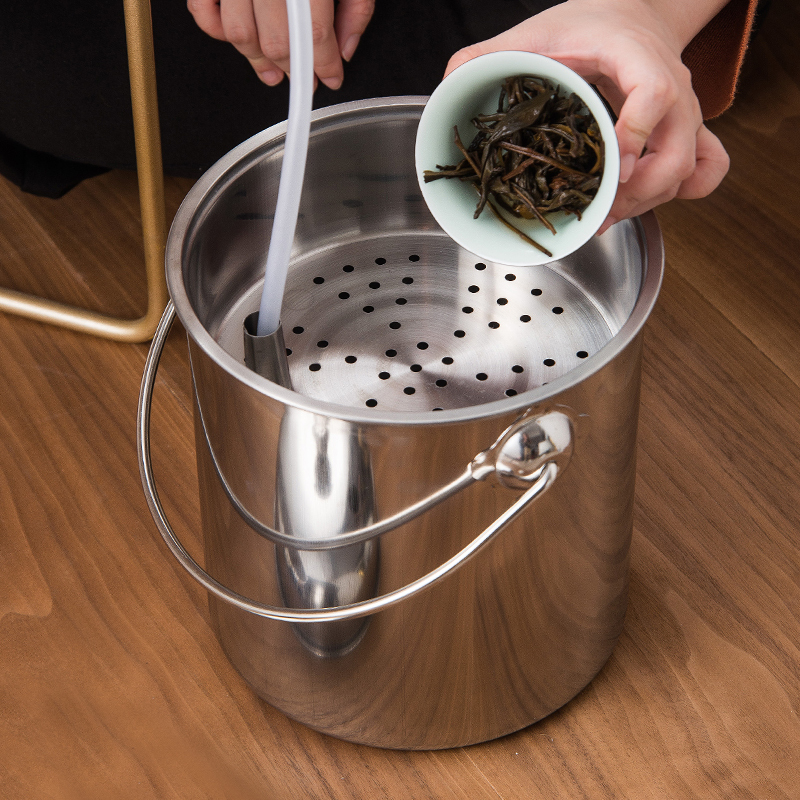 Tea Bucket, Tea Residue Bucket, Stainless Steel High-End Waste Water Bucket, Tea Table Large-Capacity Drainage Tea Bucket, Dry and Wet Separation Trash Can